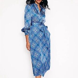 Boden Satin Blue Floral Midi Dress